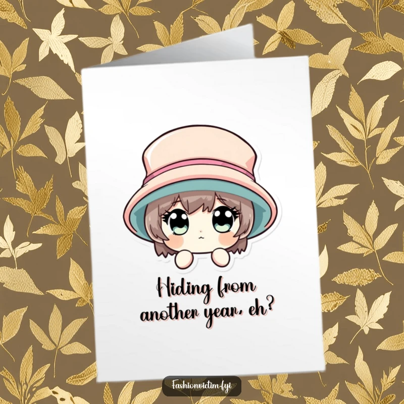 Funny Free Printable Birthday Card: Character humorously peeking from behind an enormous fashionable hat, birthday surprise.