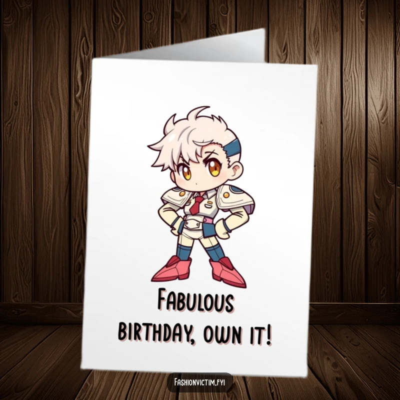 Funny Free Printable Birthday Card: Character striking a confident pose with exaggerated shoulder pads and pointy shoes.