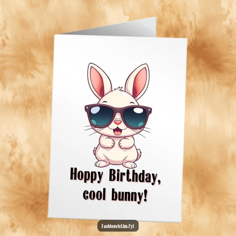 Funny Free Printable Birthday Card: Small bunny gleefully wearing gigantic sunglasses, a humorous birthday greeting.