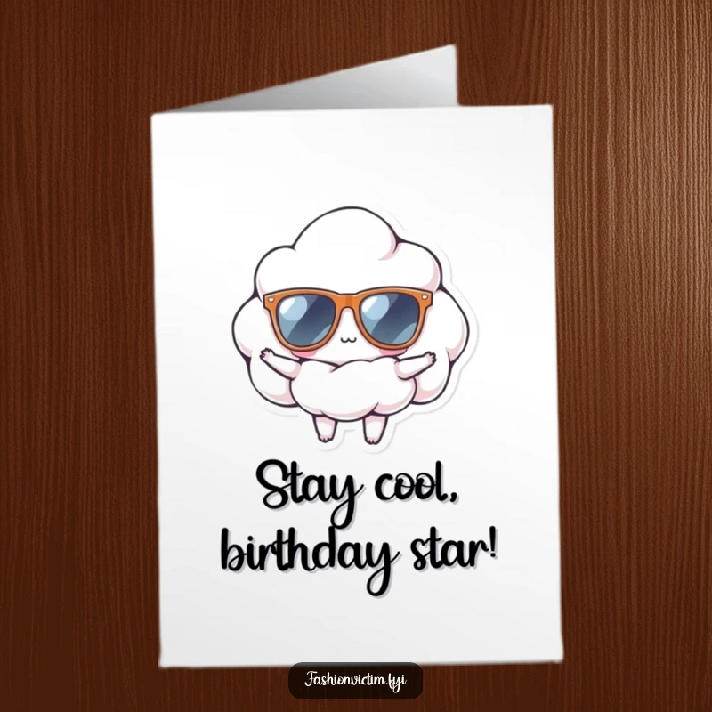 Funny Free Printable Birthday Card: A tiny cloud in oversized sunglasses strikes a confident, cool pose for a happy birthday celebration.