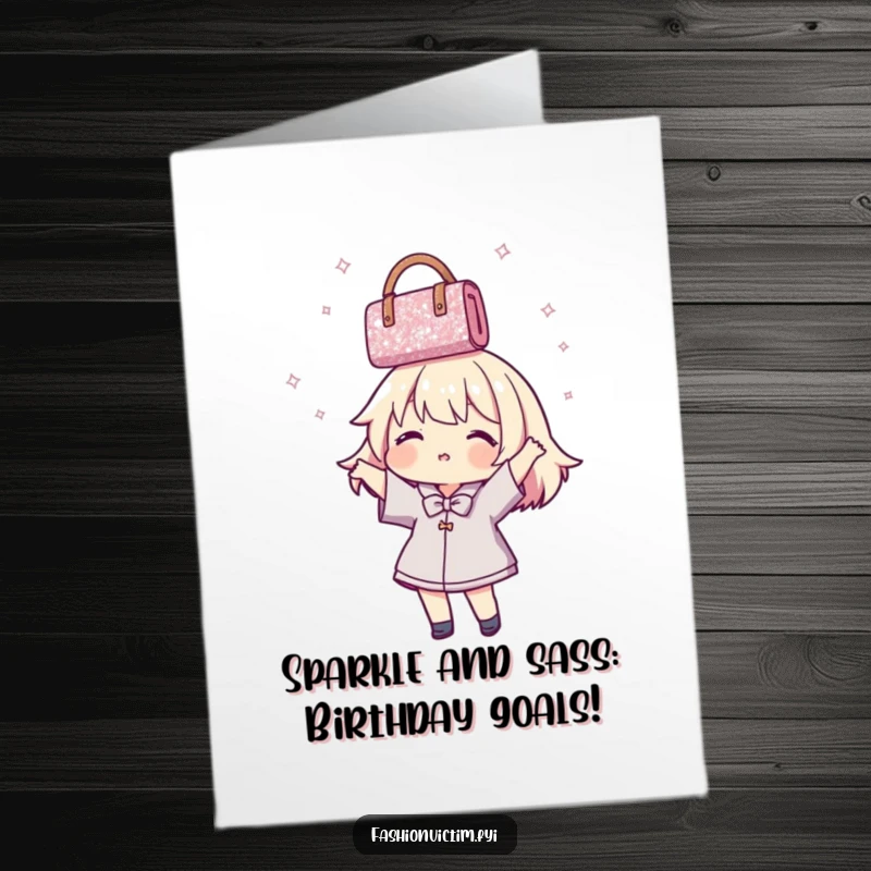 Funny Free Printable Birthday Card: Character gleefully spins a glittery handbag overhead, celebrating with wild abandon. A joyful downloadable.