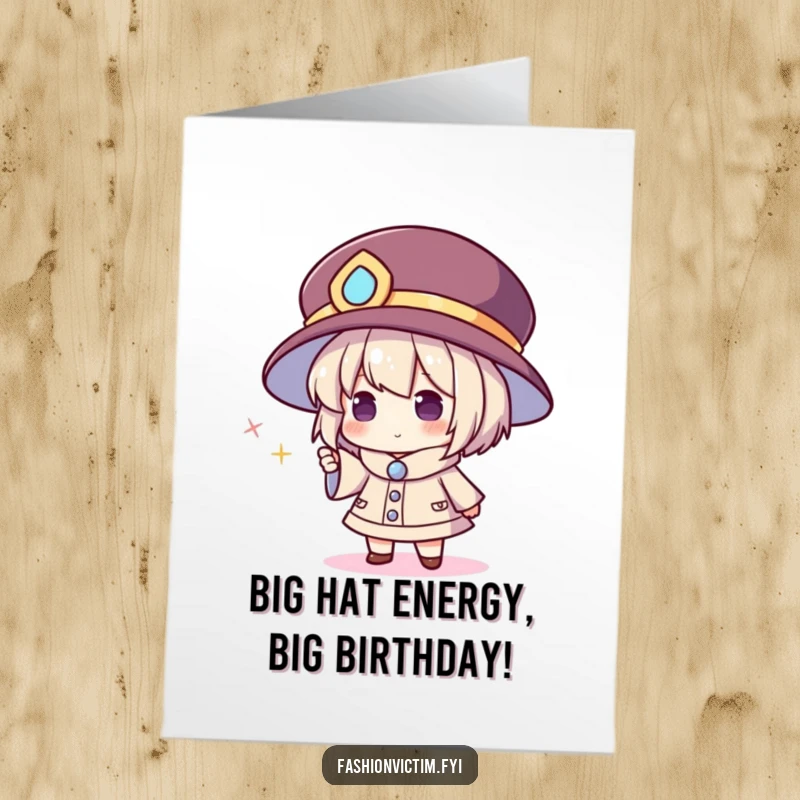 Funny Free Printable Birthday Card: Man with huge hat points gleefully at a tiny sparkle gem.