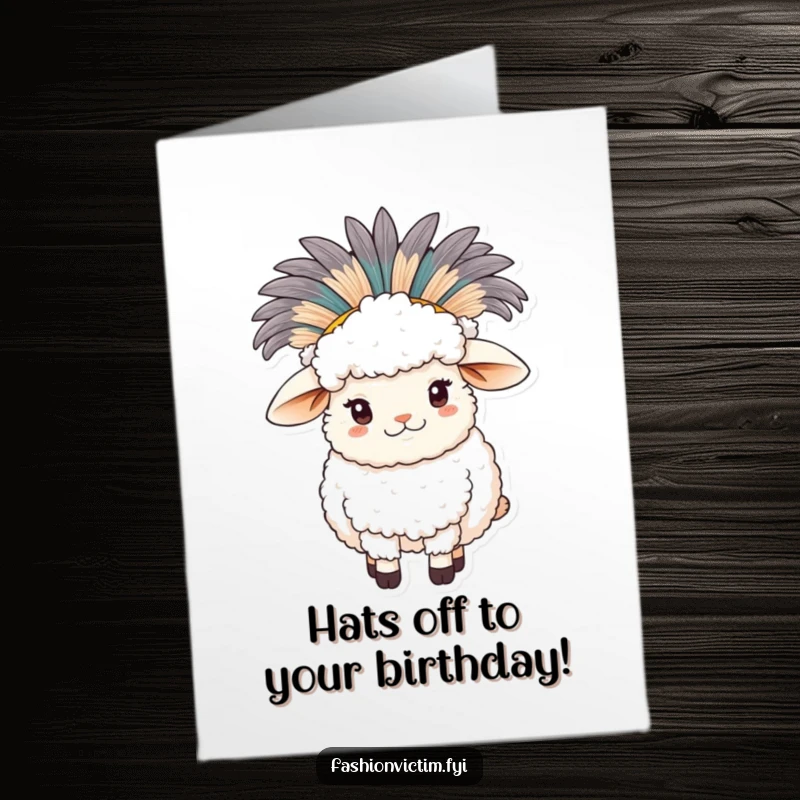 Funny Free Printable Birthday Card: A fluffy sheep sports a huge, feathered hat, wishing a hilarious birthday.