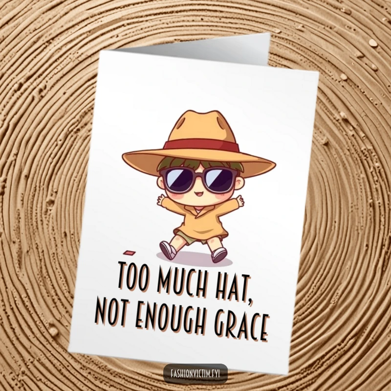 Funny Free Printable Birthday Card: Tiny character trips wearing huge hat, oversized sunglasses, a comical disaster.
