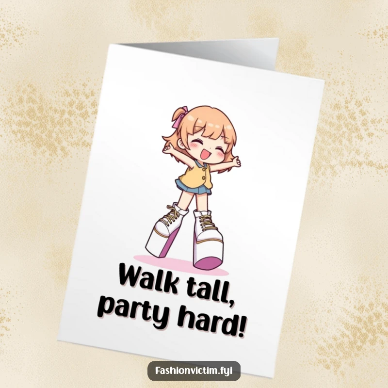 Funny Free Printable Birthday Card: Character gleefully wobbling in giant platform shoes, a humorous birthday wish.