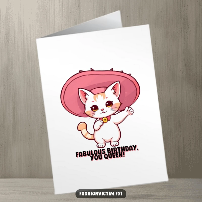 Funny Free Printable Birthday Card: Adorable kawaii cat striking a pose in an oversized, flamboyant hat.
