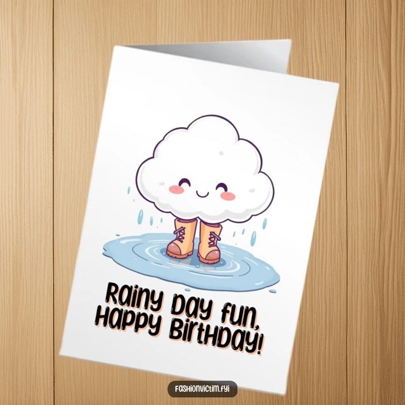Funny Free Printable Birthday Card: Smiling rain cloud in boots splashing, perfect for a cheerful DIY birthday.