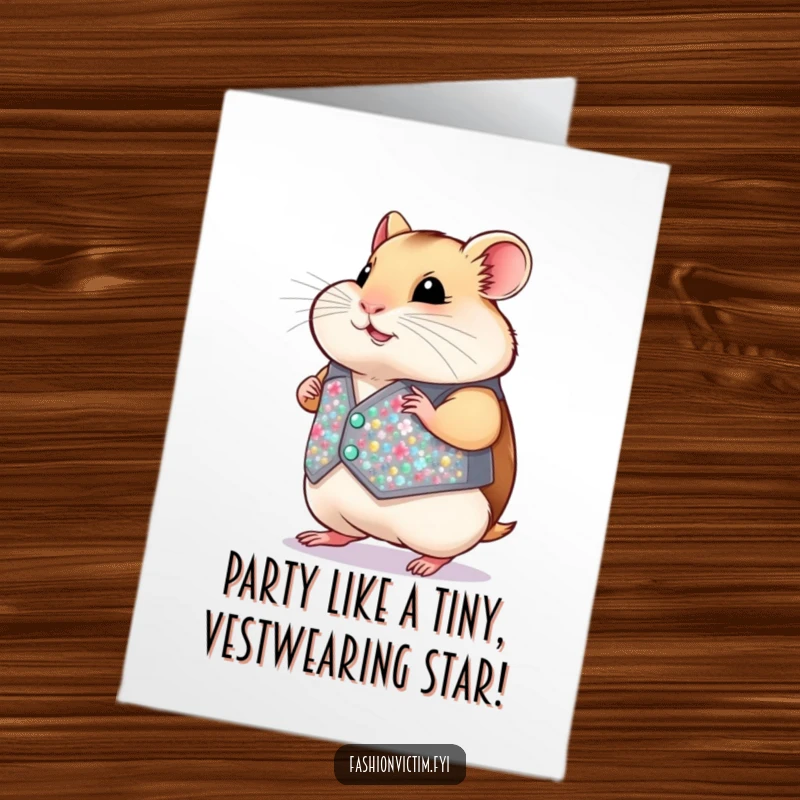 Funny Free Printable Birthday Card: Chubby hamster rocking a tiny sequined vest, strutting his stuff for a hilarious birthday greeting.