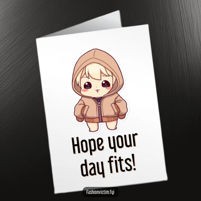 Funny Free Printable Birthday Card: Character humorously straining to zip up a jacket that is clearly too small.