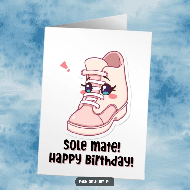 Funny Free Printable Birthday Card: Character surprised by a shoe unexpectedly winking with a tiny eye, a whimsical birthday greeting.
