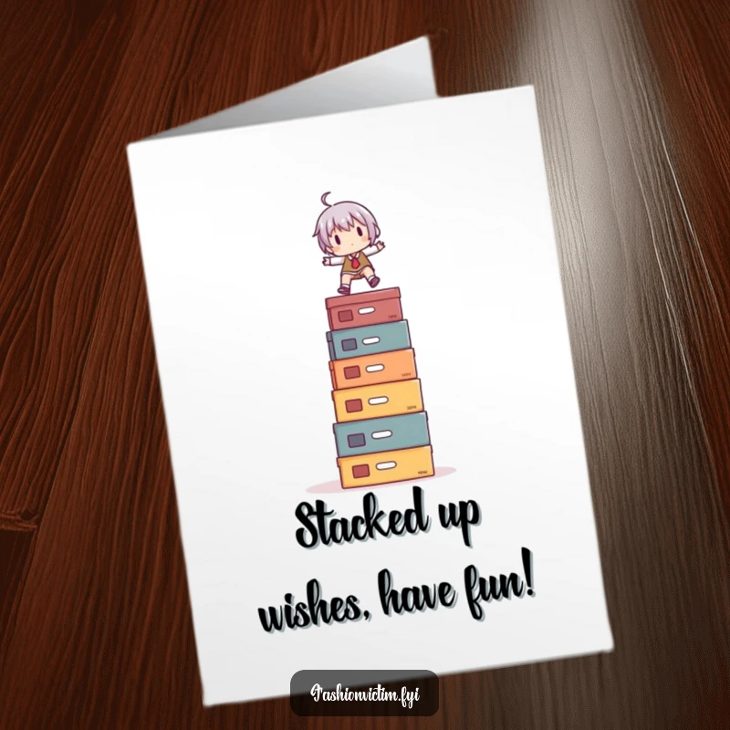 Funny Free Printable Birthday Card: Small character humorously balancing on a tall stack of shoe boxes.