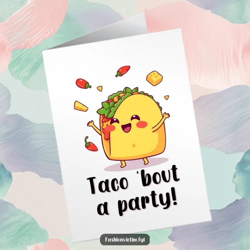 Funny Free Printable Birthday Card: Kawaii taco juggles peppers and cheese with pure joy, perfect for a laugh.