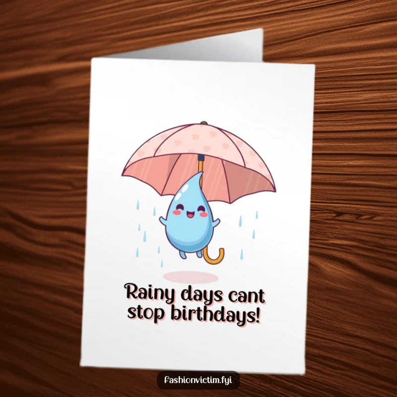 Funny Free Printable Birthday Card: Playful raindrop character happily bouncing on a colorful patterned umbrella.