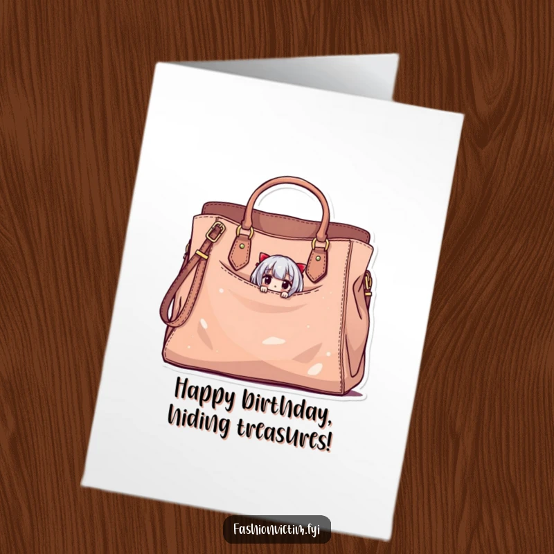 Funny free printable birthday card with a tiny character peeking from a large, stylish but damaged handbag, cute surprise humor.