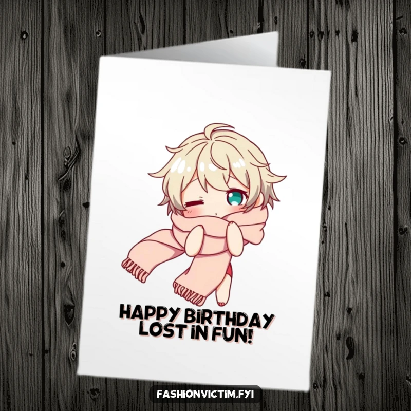 Funny free printable birthday card featuring a character comically bewildered and tangled in a long, flowing scarf.
