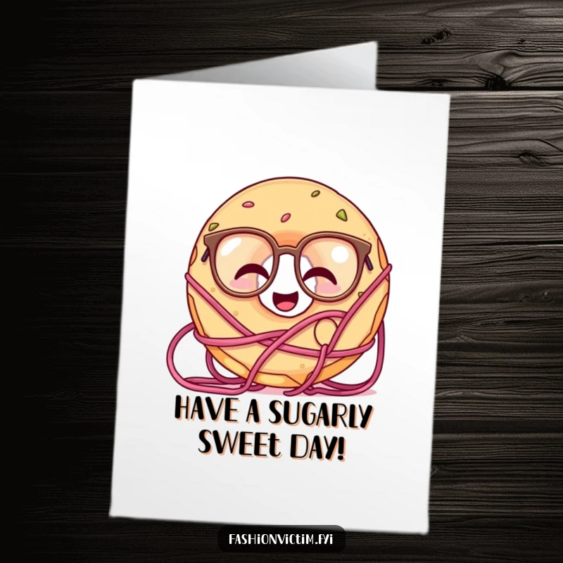 Funny Free Printable Birthday Card: Giggling doughnut in oversized glasses tangled in yarn, a chaotic and charming celebration.