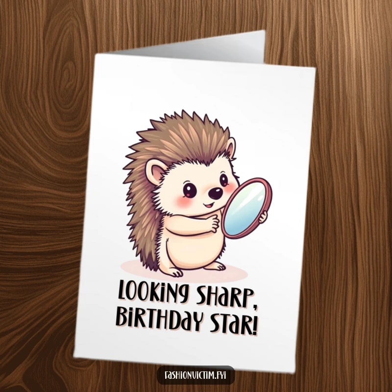 Funny Free Printable Birthday Card: A charming hedgehog gazing lovingly at its reflection in a tiny handheld mirror.