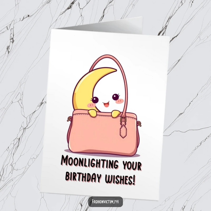 Funny Free Printable Birthday Card: Happy crescent moon character peeking playfully from behind a chic handbag, a whimsical and downloadable gift.