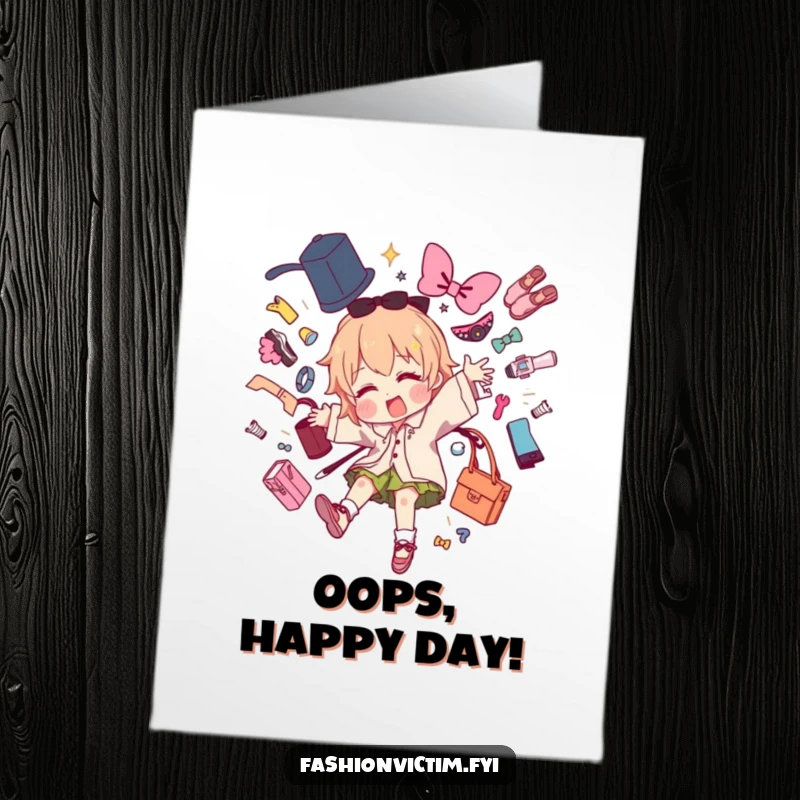 Funny Free Printable Birthday Card: Character dramatically trips, fashion items flying, a moment of chaos. DIY gift.