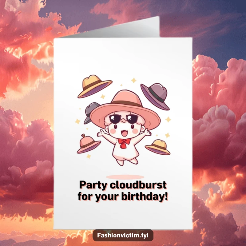 Funny Free Printable Birthday Card: Small cloudburst character happily juggles oversized fashionable hats, great for a DIY gift.