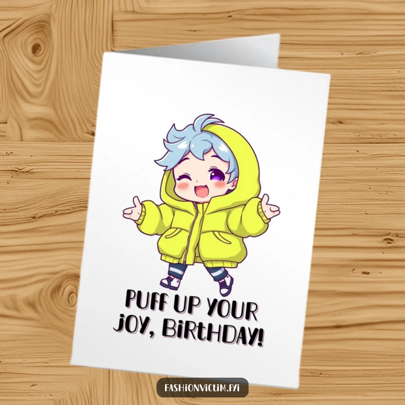 Funny free printable birthday card featuring a character proudly modeling a neon green puffy jacket, radiating excitement.