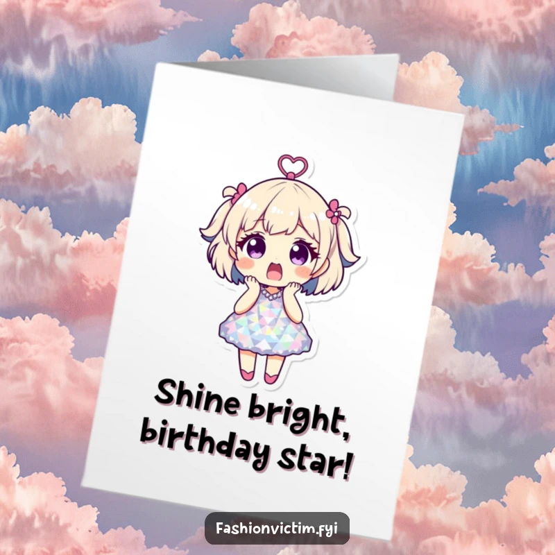 Funny free printable birthday card featuring a shocked character in a dazzling disco ball dress, ready to party.