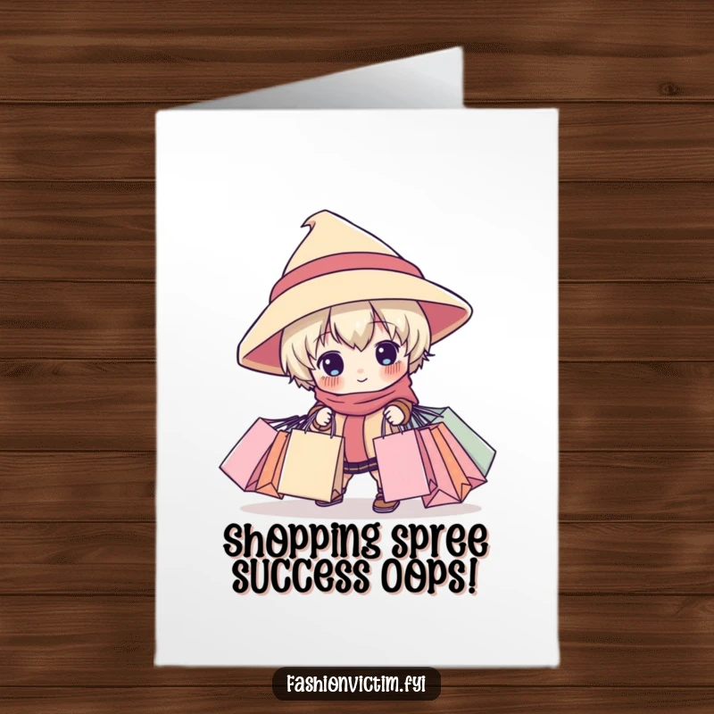 Funny free printable birthday card featuring a child in an oversized hat tripping with shopping bags, expressing retail overload humor.