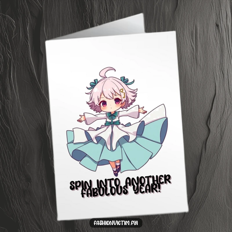 Funny Free Printable Birthday Card: Person in messy, ruffled clothes spinning joyfully with arms wide.