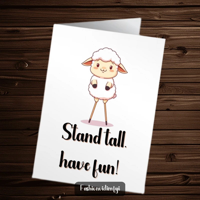 Funny Free Printable Birthday Card depicting a fluffy sheep comically attempting to balance on tall stilts.