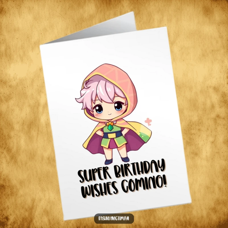 Funny Free Printable Birthday Card: Character proudly showing off a giant, billowing patterned cape, a heroic birthday wish.