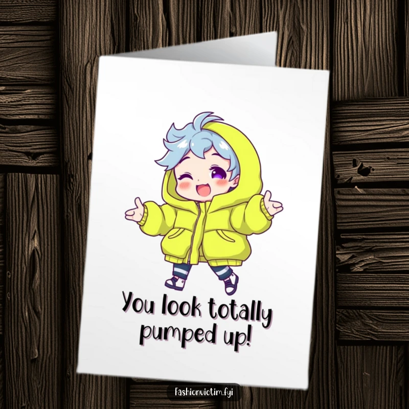 Funny free printable congratulations card showing a character modeling a neon green puffy jacket, celebrating success with energy.