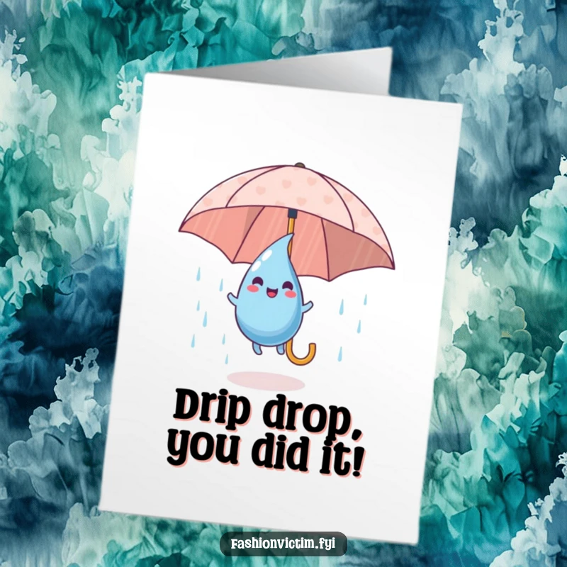 Funny Free Printable Congratulations Card: Playful raindrop character joyfully bouncing on a vibrant umbrella.