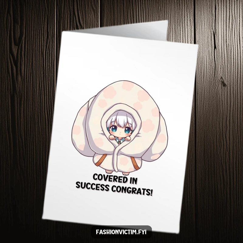 Funny Free Printable Congrats Card: Character emerges from an enormous, loud patterned garment, signaling a grand announcement. A surprising downloadable.