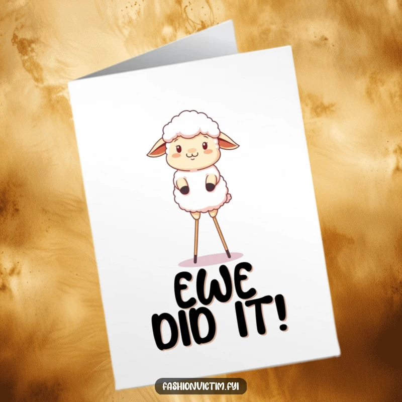 Funny Free Printable Congratulations Card showing a fluffy sheep precariously balancing on stilts, celebrating achievements.