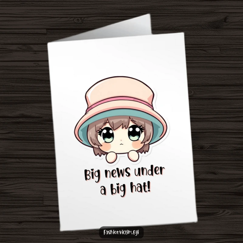 Funny Free Printable Congrats Card: Character peeking from behind a huge fashionable hat, celebrating an achievement.