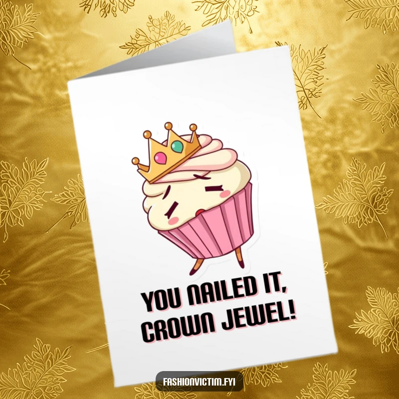 Funny Free Printable Congrats Card: A confused cupcake sporting a backwards crown, stumbling with a regal mishap.