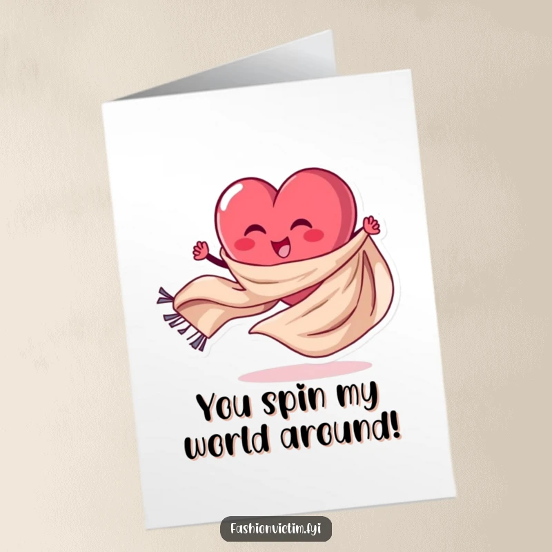 Funny Free Printable Congratulations Card: Energetic heart character creatively twirling a flowing scarf, exuding celebration.