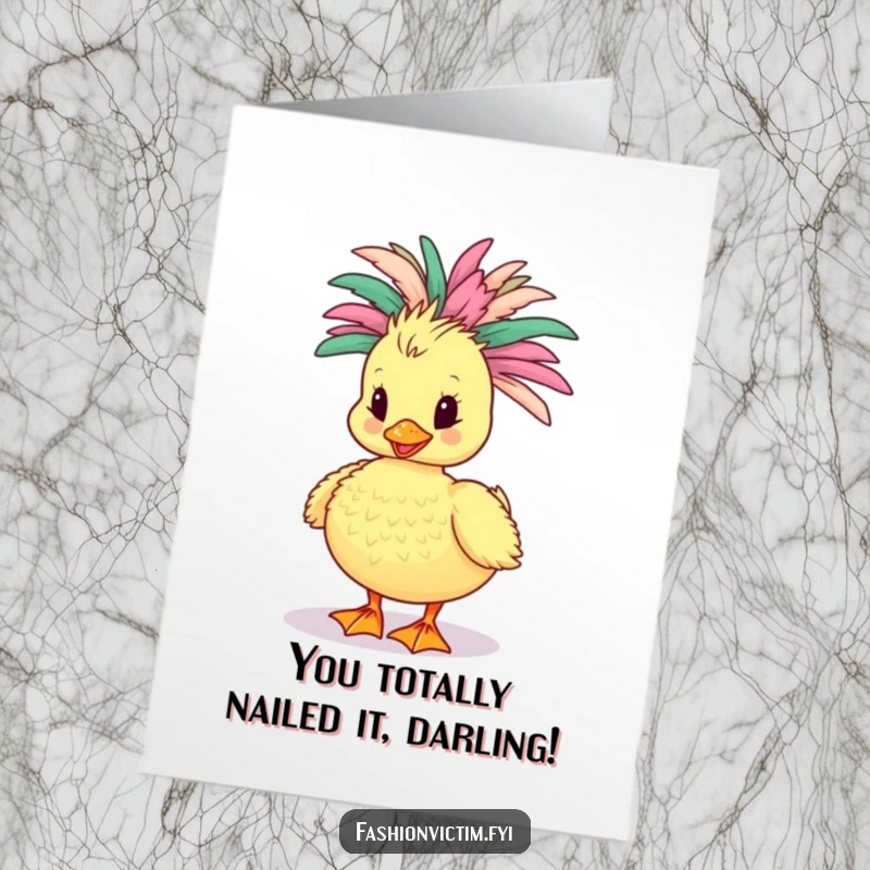 Funny Free Printable Congrats Card: Flamboyant duckling parading in boa, celebrating success with hilarious downloadable flair.