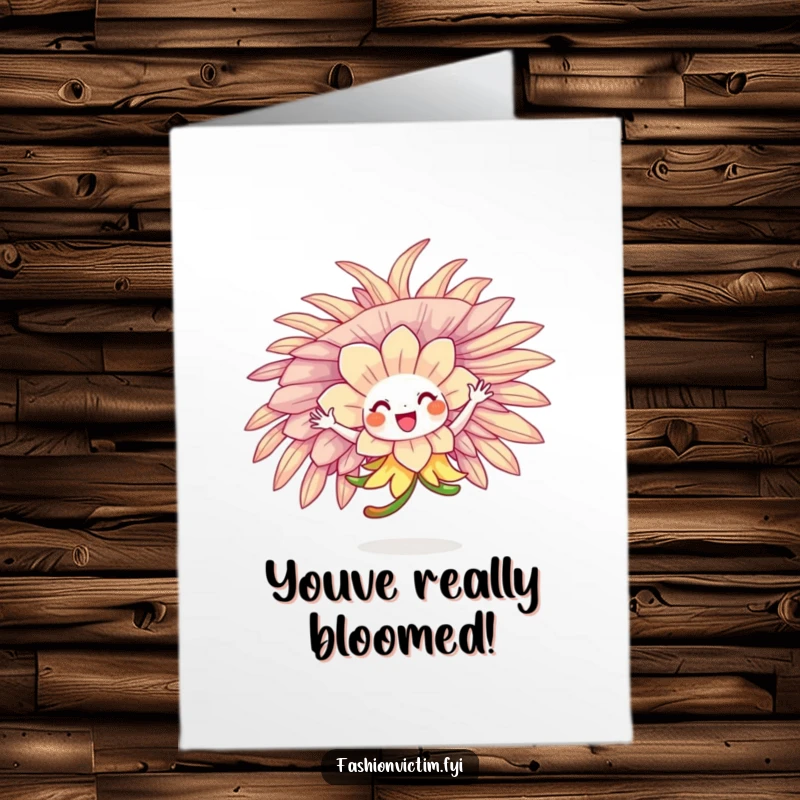 Funny Free Printable Congratulations Card: A flower character twirling ecstatically while wearing a ridiculously large and feathered hat, celebrating an achievement.