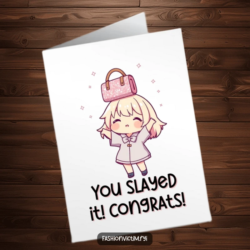 Funny Free Printable Congrats Card: Character triumphantly spins a glittery handbag, celebrating a massive achievement with flair. A festive downloadable.