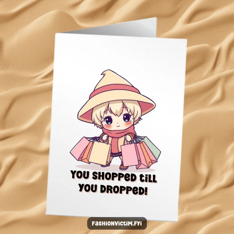 Funny free printable congratulations card showing a child tripping with shopping bags, perfect for celebrating wins with humor.