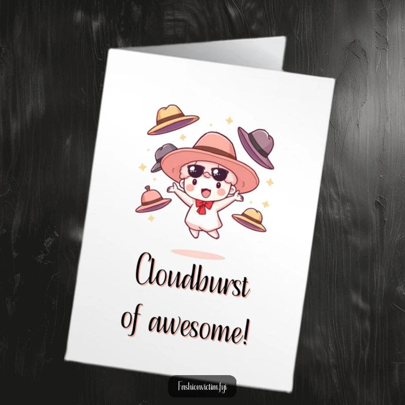 Funny Free Printable Congrats Card: Small cloudburst character joyfully juggles oversized fashionable hats, ideal for DIY.