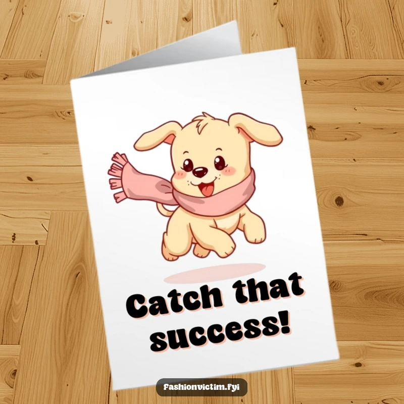 Funny Free Printable Congratulations Card featuring a happy puppy in a playful chase after a flying, frilly scarf.