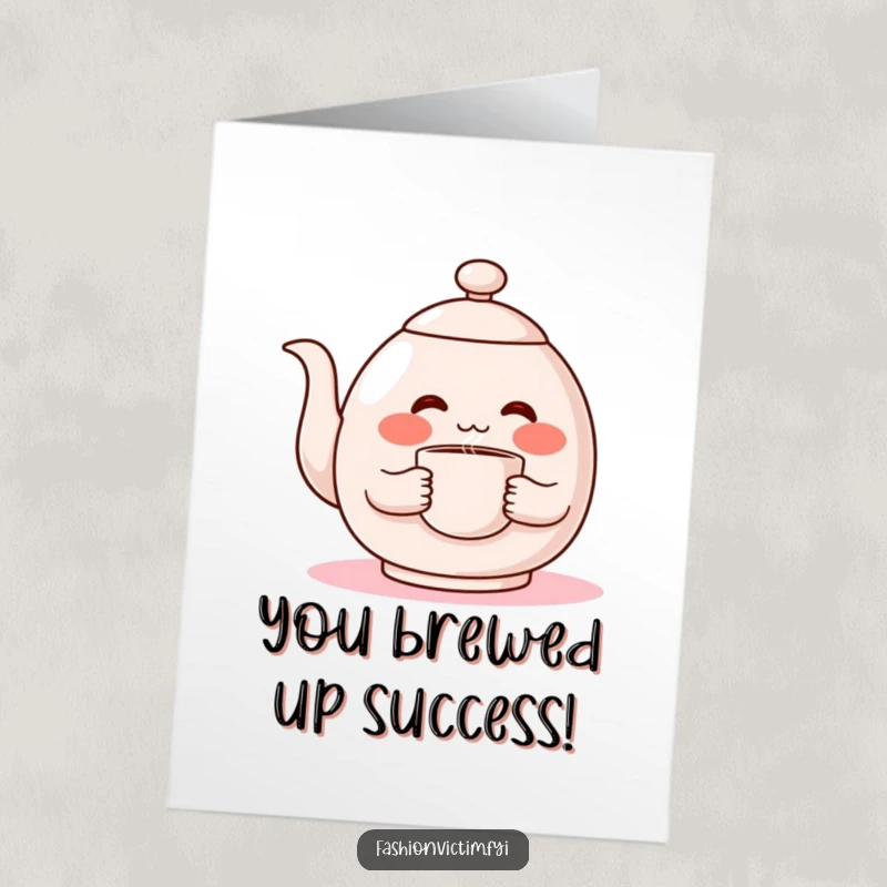 Funny free printable congratulations card showing a shy teapot blushing, holding a warm drink, ideal for a humorous DIY present.