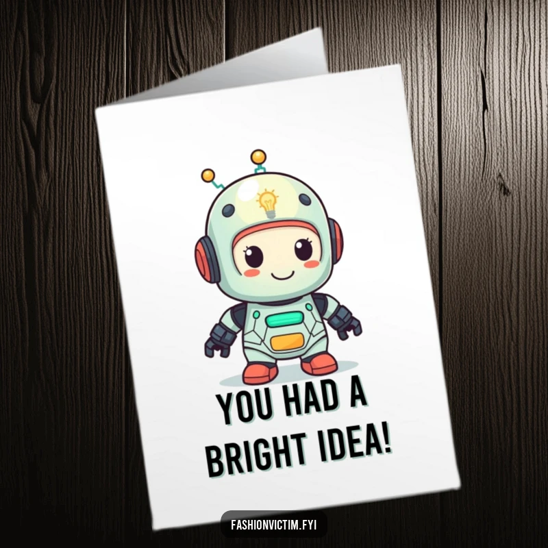 Funny Free Printable Congratulations Card: A cute robot with a lightbulb head looking pleased, celebrating a smart success.