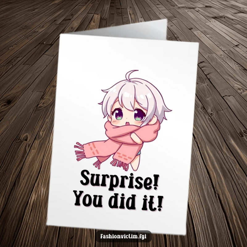 Funny Free Printable Congrats Card featuring a character beaming with surprise, playfully tangled in a long scarf.