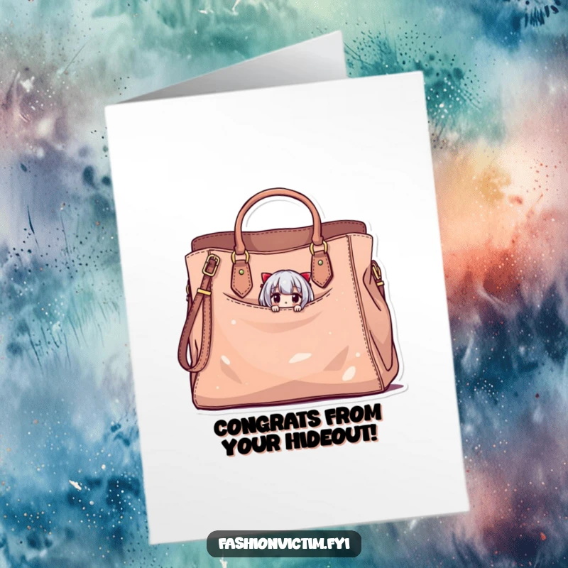 Funny free printable congratulations card featuring a tiny character peeking from a large, stylish handbag, celebrating success humorously.
