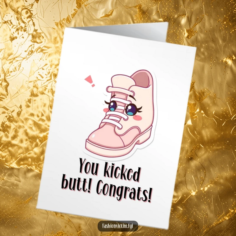 Funny Free Printable Congratulations Card: Character looks surprised as a shoe winks at them with a tiny curious eye, celebrating a unique win.