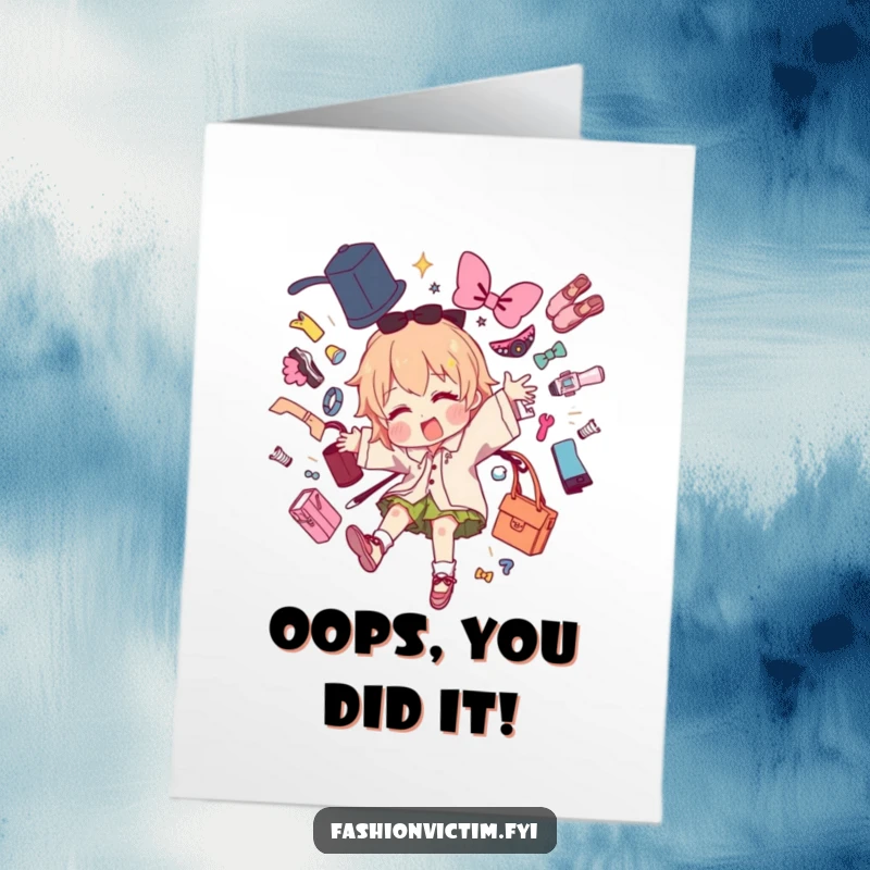 Funny Free Printable Congrats Card: Character dramatically trips, fashion items flying, celebrating resilience. DIY gift.