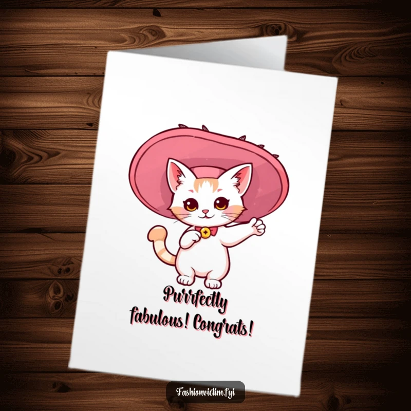 Funny Free Printable Congratulations Card: A kawaii cat posing dramatically in a huge, eye-catching flamboyant hat.